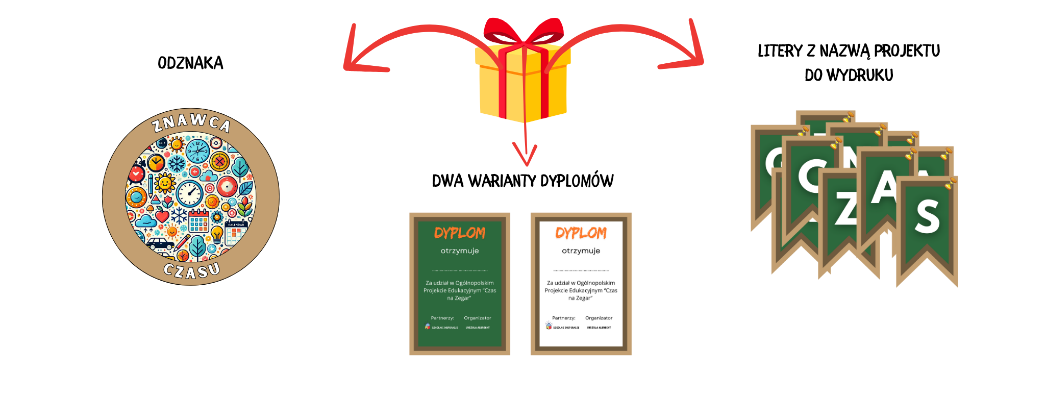 Baner z bonusami projektu "Czas na Zegar" z odznaką, dyplomami i literami dekoracyjnymi do wydruku.