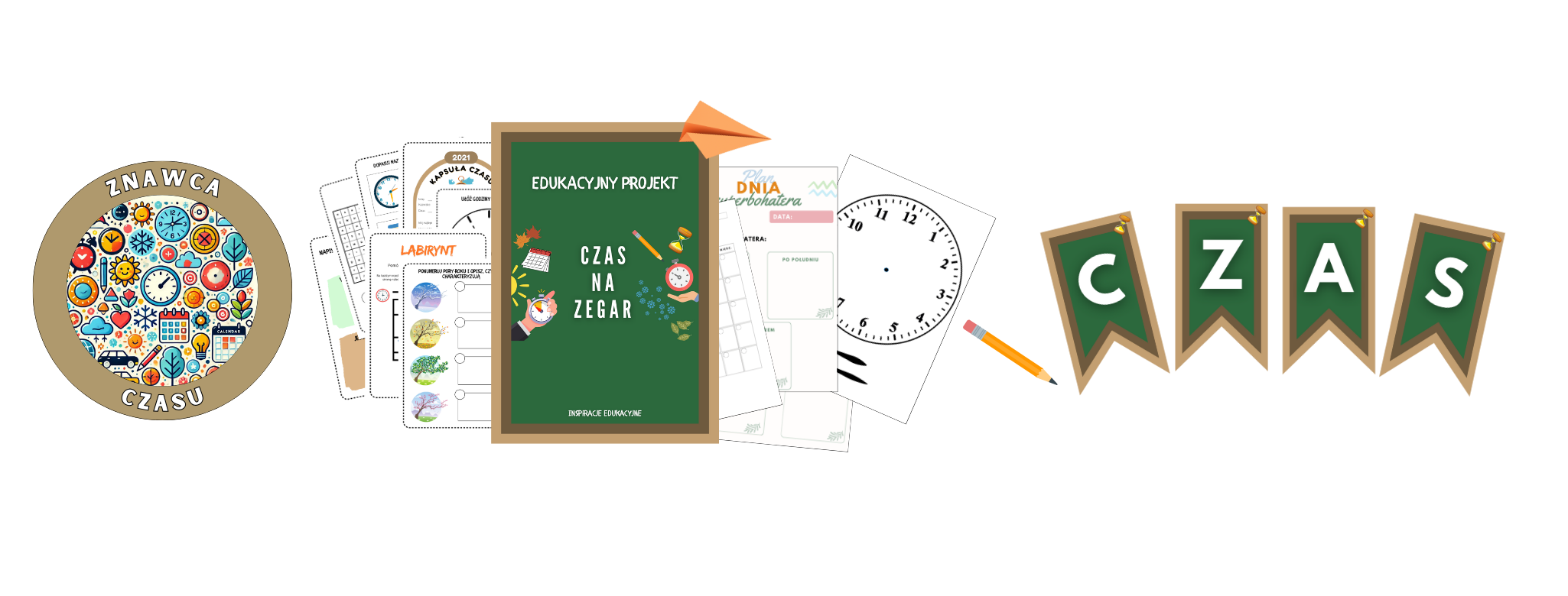 Baner z odznaką projektu "Czas na Zegar", kartami pracy, szablonami, plakatem i literami dekoracyjnymi do wydruku.